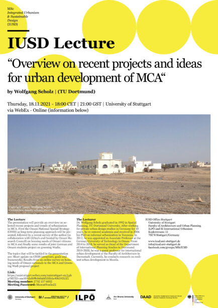 IUSD Lecture: Overview on recent projects and ideas for urban development of Muscat Capital Area (MCA) / Dr Wolfgang Scholz