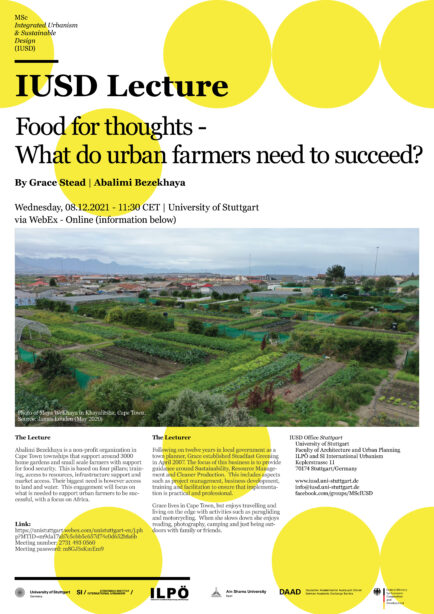 IUSd Lecture: Food for thoughts – What do urban farmers need to succeed?/ Grace Stead, Cape Town