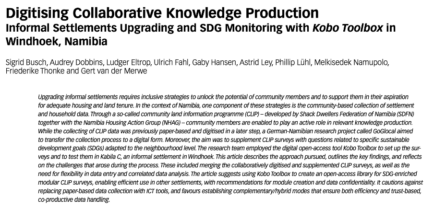 New publication: “Digitising Collaborative Knowledge Production: Informal Settlements Upgrading and SDG Monitoring with Kobo Toolbox in Windhoek, Namibia”